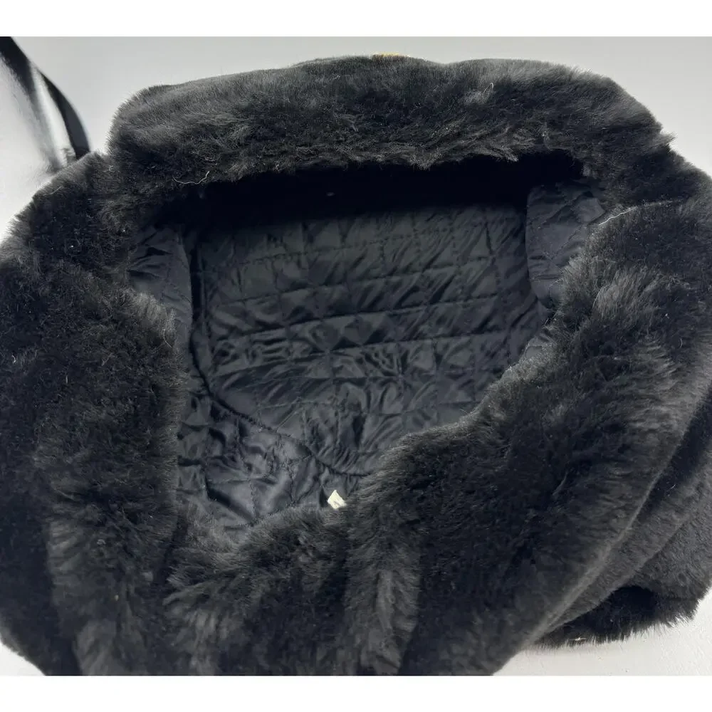 Russian Ushanka Winter Hat Black Faux Fur Soviet Union Navy Anchor Badge